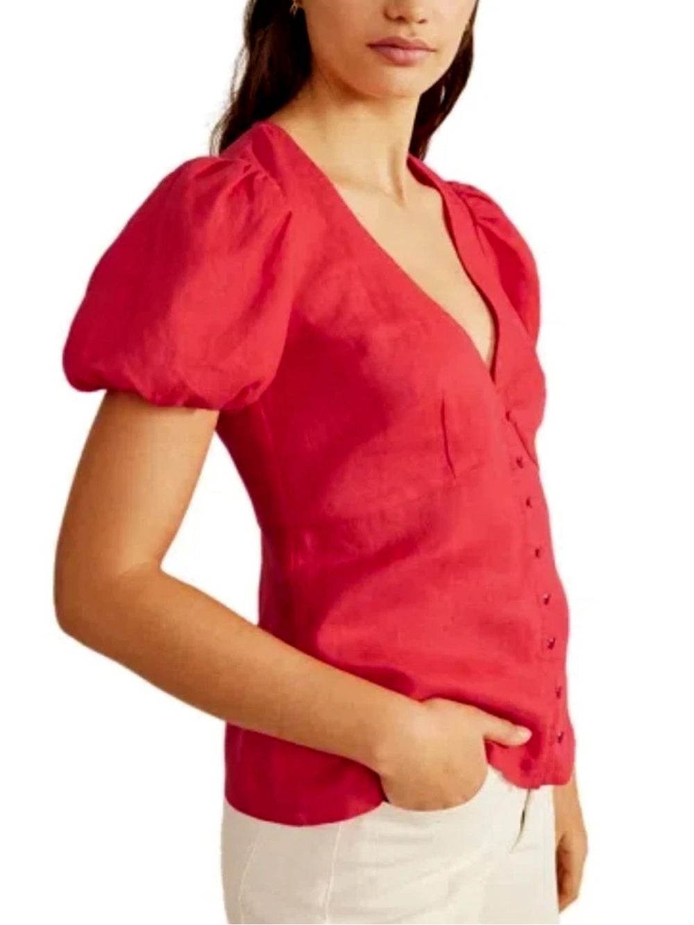 Boden Red Linen Puff Sleeve Blouse